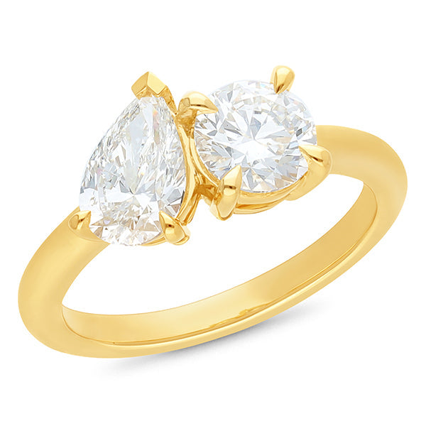 2ct Pear & Round Brilliant Cut Toi Et Moi Lab Grown Diamond Ring In 18ct Yellow Gold