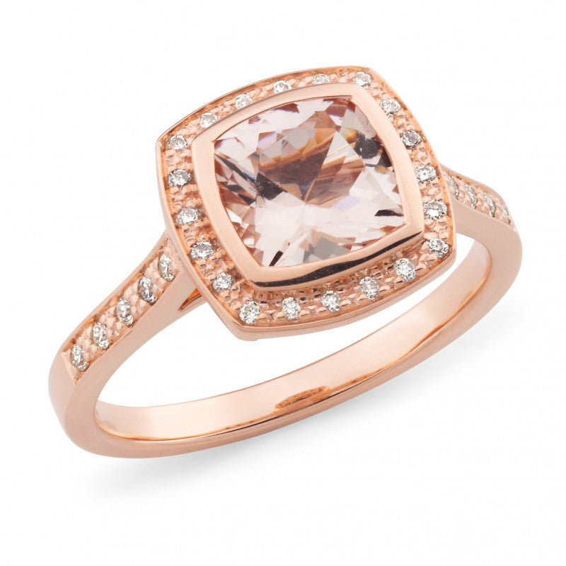 1.13ct Cushion Cut Morganite & 0.15ct Diamond Halo 9ct Yellow Gold